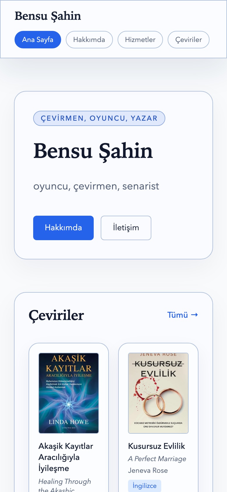 Bensu Şahin homepage on mobile
